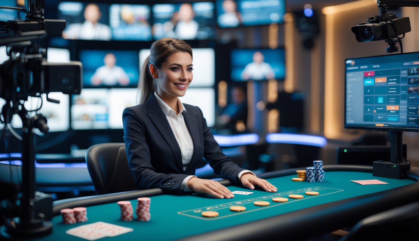 Seorang dealer wanita profesional duduk di meja permainan dengan kartu dan chip, dikelilingi peralatan siaran dan layar, memberikan pengalaman permainan langsung secara online.