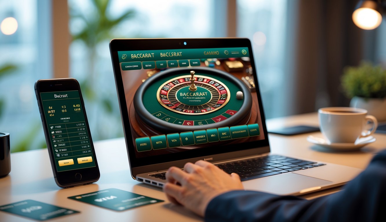 Seorang pengguna sedang bermain baccarat online di depan komputer dengan ponsel dan kartu kredit di meja.
