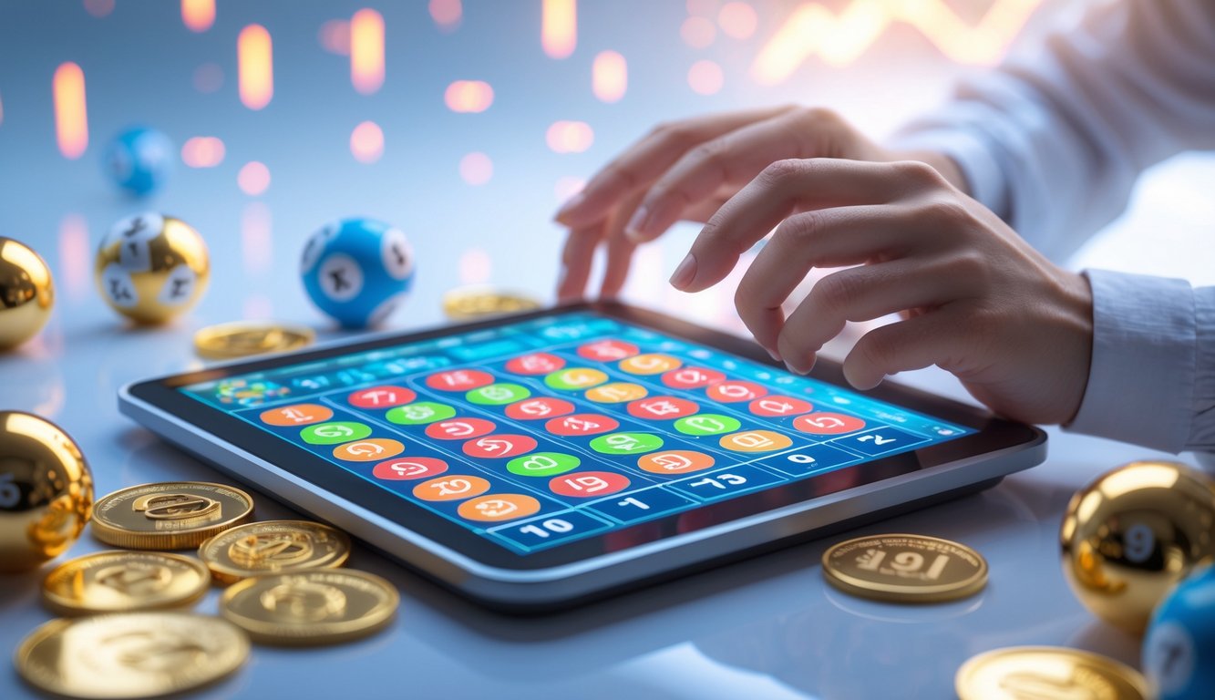 Tangan seseorang menggunakan perangkat layar sentuh dengan angka dan grafik terkait lotere, dikelilingi oleh koin emas dan bola lotere.