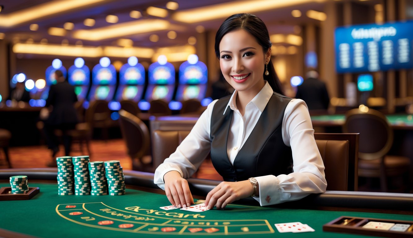 Seorang dealer baccarat wanita duduk di meja permainan dengan kartu dan chip di kasino.