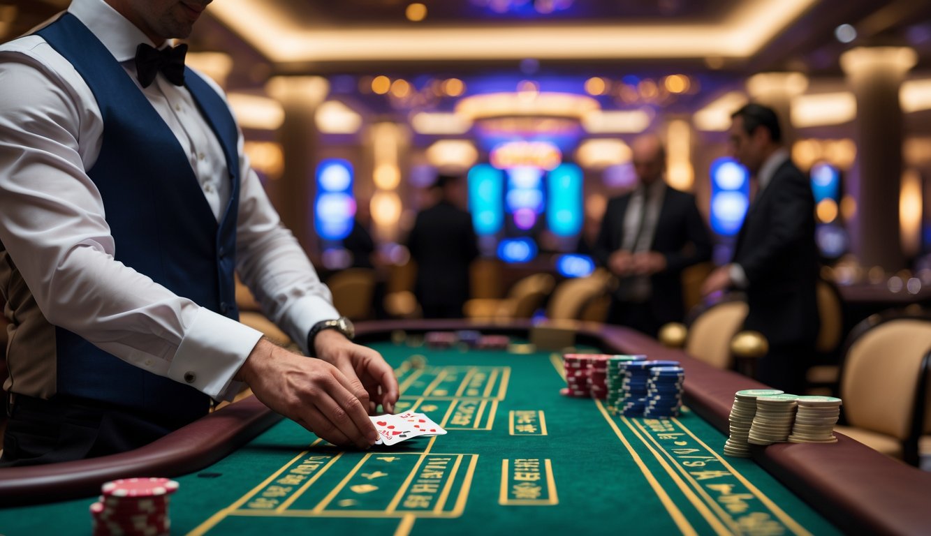 Seorang dealer berjubah resmi sedang membagikan kartu di meja baccarat dengan tumpukan chip, di latar belakang suasana kasino mewah dan pemain yang mengamati permainan.