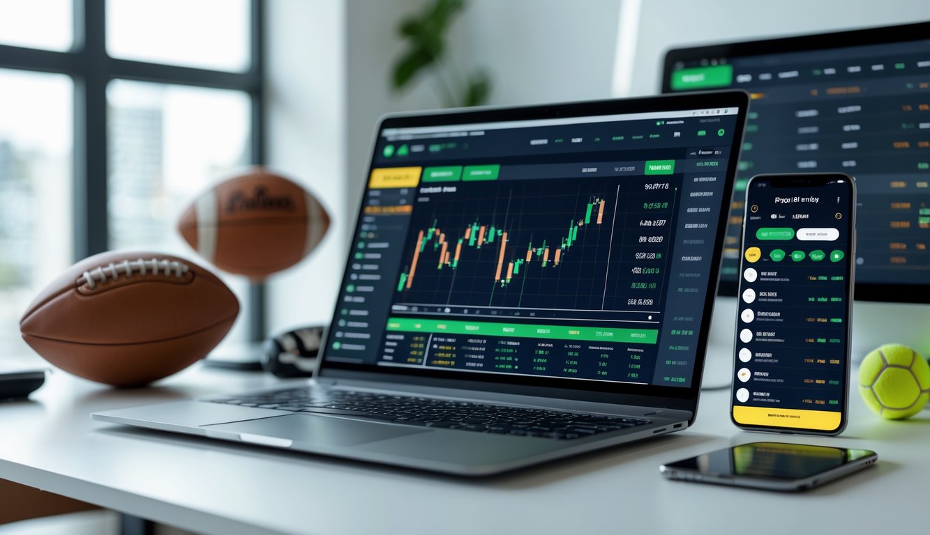 Seseorang menggunakan laptop dan ponsel untuk memasang taruhan olahraga online dengan berbagai statistik dan pasar olahraga yang lengkap di meja kerja.