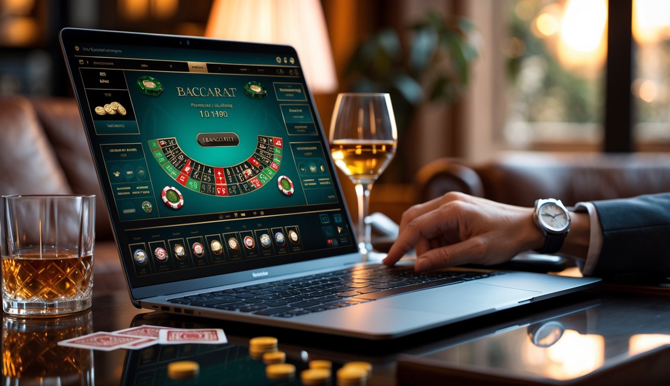 Seorang pria sedang bermain baccarat online di laptop dengan suasana ruangan yang nyaman dan elegan.