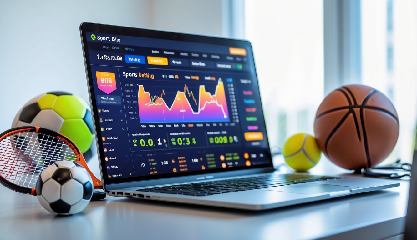 Seorang pengguna sedang melihat layar komputer dengan tampilan taruhan olahraga online dan beberapa perlengkapan olahraga di meja.