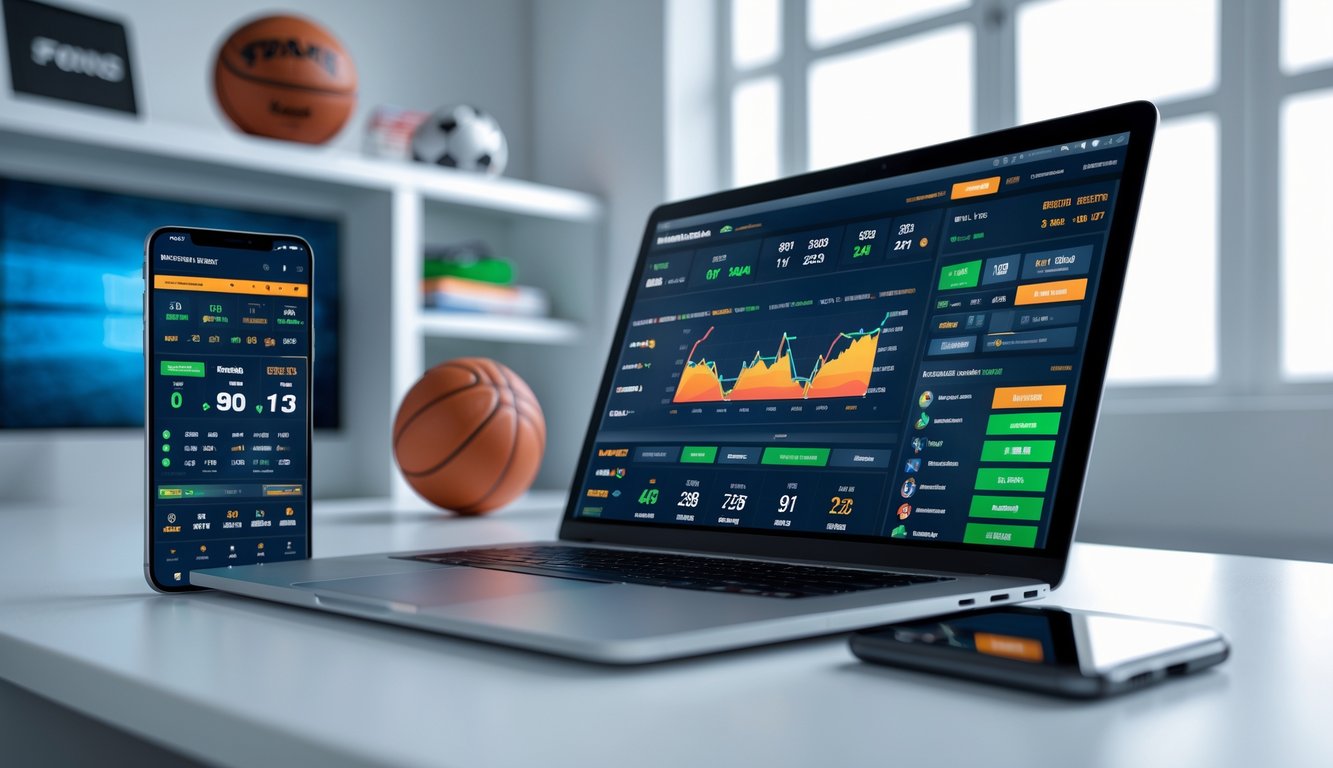 Laptop dan smartphone menampilkan tampilan platform taruhan olahraga modern di meja kerja dengan peralatan olahraga di latar belakang.