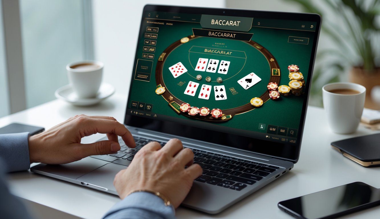 Seseorang sedang bermain permainan baccarat online menggunakan komputer di meja dengan suasana ruangan yang terang dan rapi.