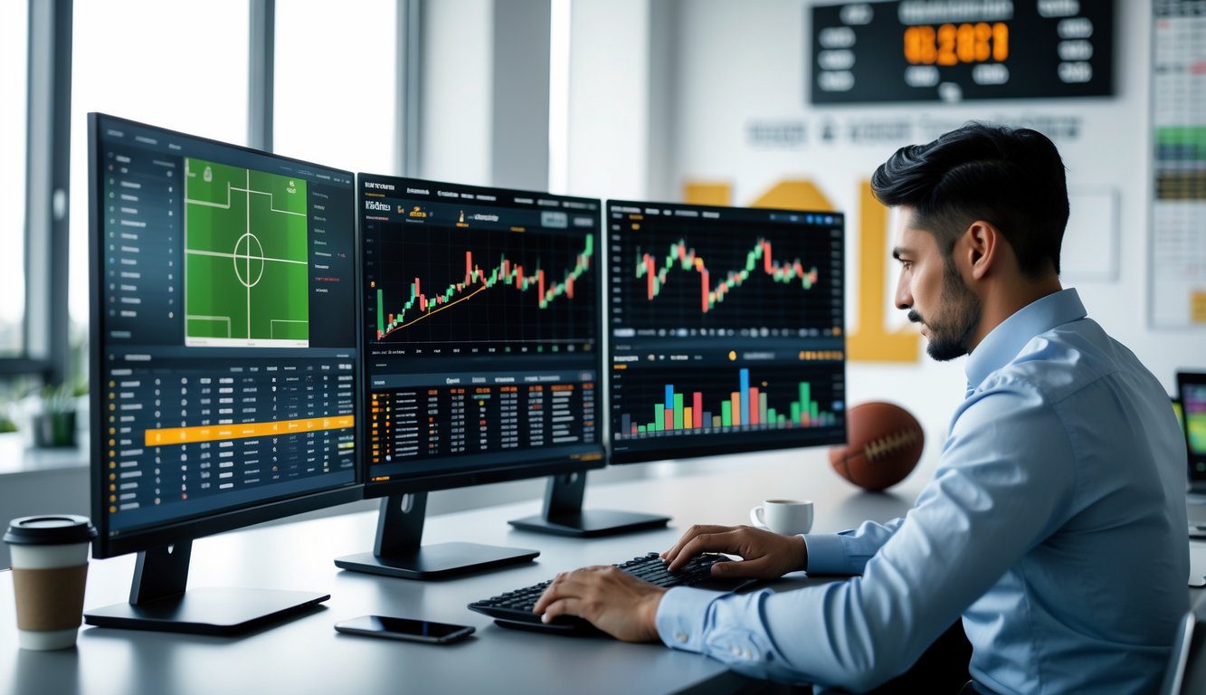 Seorang pria di depan komputer dengan layar menampilkan data dan statistik pertandingan olahraga di ruang kantor yang terang.