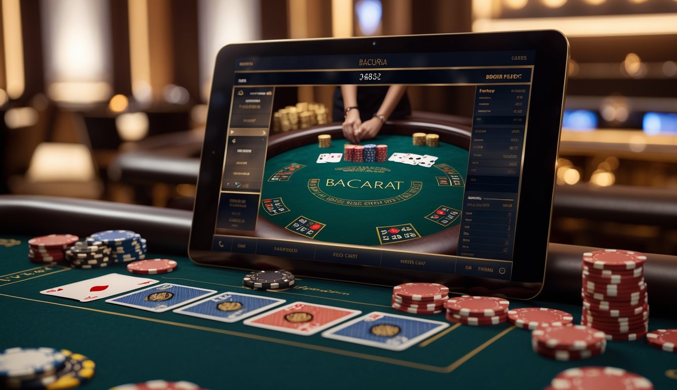 Layar komputer menampilkan permainan baccarat online dengan kartu dan chip kasino di latar belakang yang mewah.