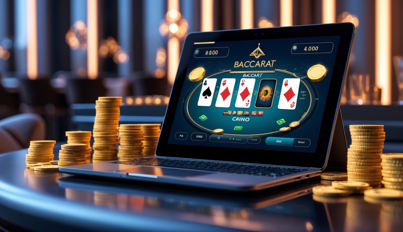 Sebuah laptop menampilkan permainan baccarat online dengan suasana kasino dan simbol jackpot di sekitarnya.