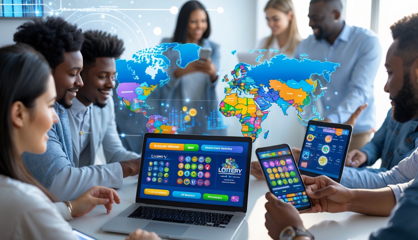 Beberapa orang menggunakan perangkat digital untuk mengakses permainan togel online dengan peta dunia dan grafik di latar belakang.