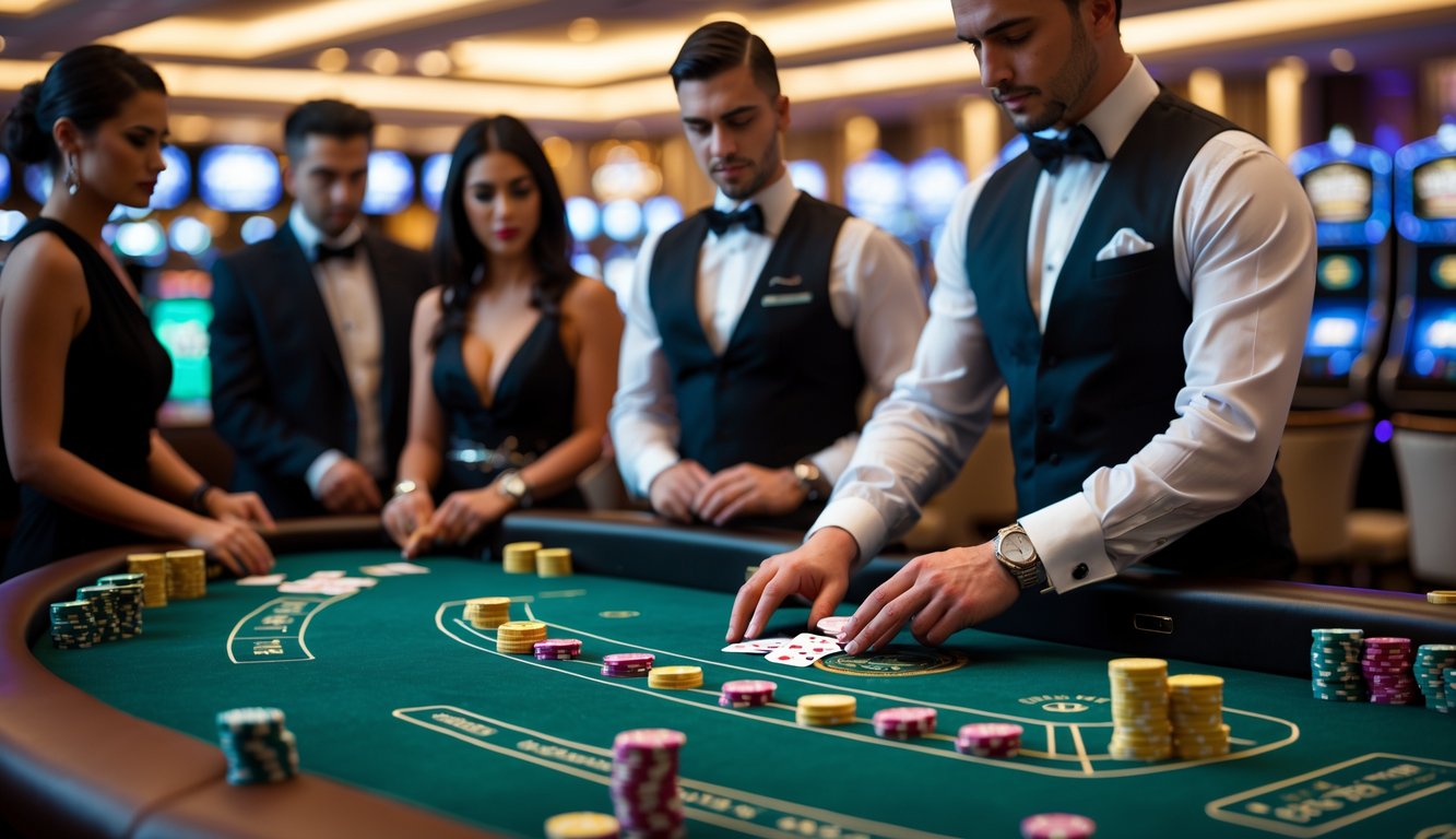 Seorang dealer dan beberapa pemain sedang bertaruh di meja baccarat di dalam kasino.