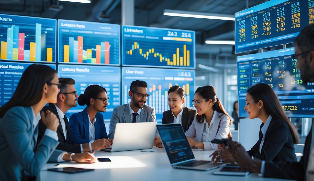 Sekelompok profesional sedang melihat layar digital besar yang menampilkan grafik dan data secara real-time di sebuah kantor modern.