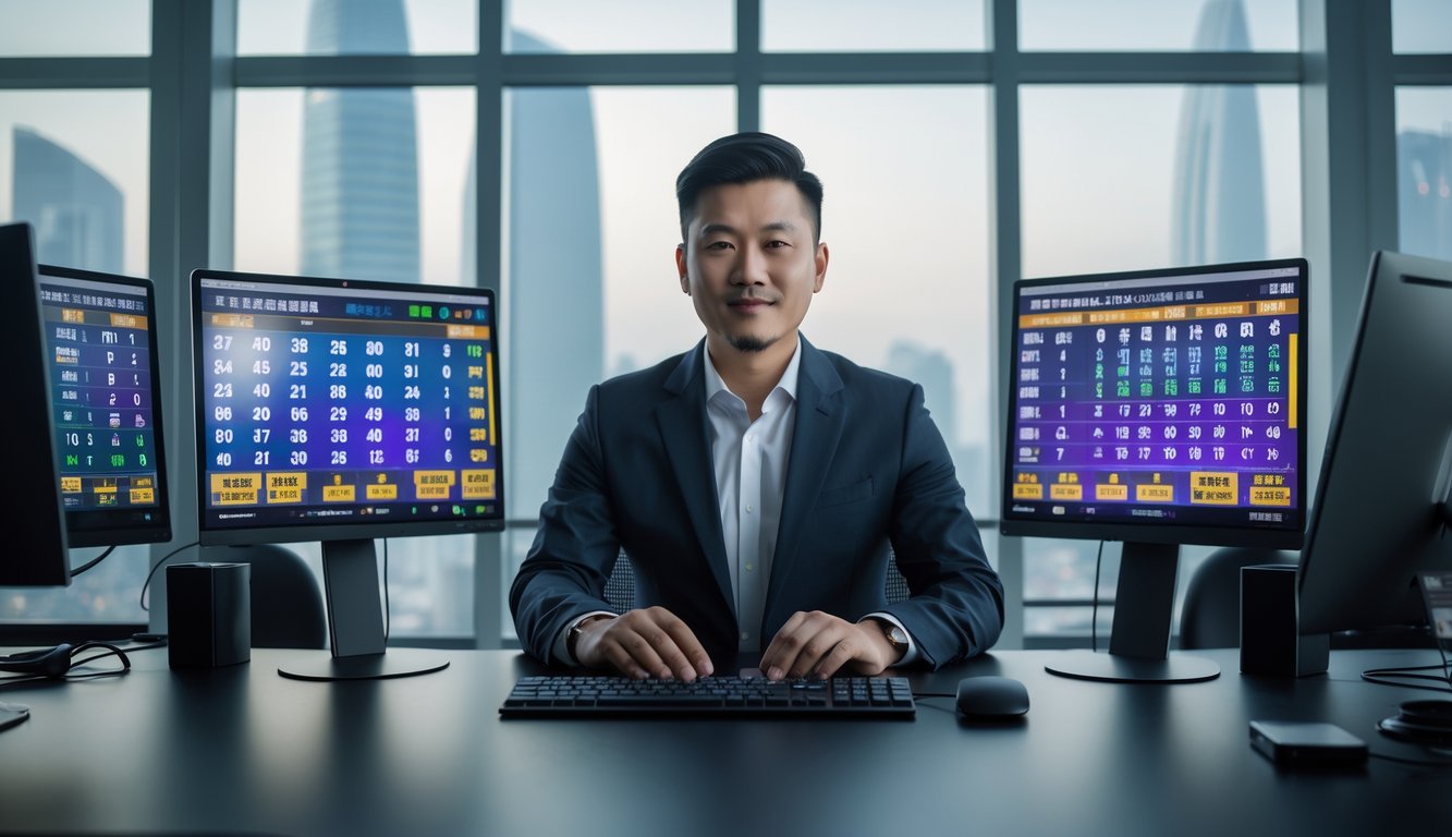 Seorang pria Asia duduk di kantor modern dengan beberapa monitor komputer yang menampilkan angka lotre dan peluang taruhan, dengan latar belakang pemandangan kota Macau.