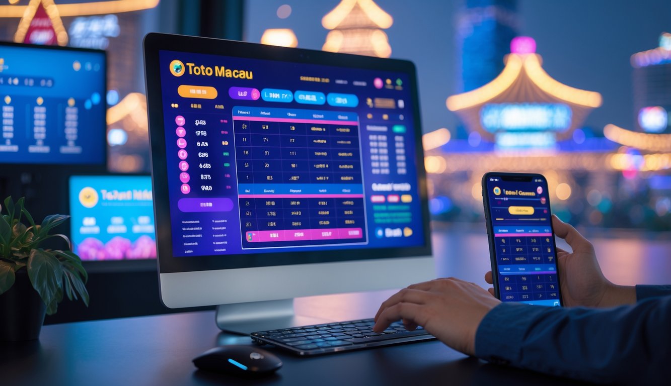 Seseorang menggunakan komputer dengan tampilan situs taruhan Toto Macau online di layar, dengan latar belakang lampu dan gedung kota Macau yang samar.