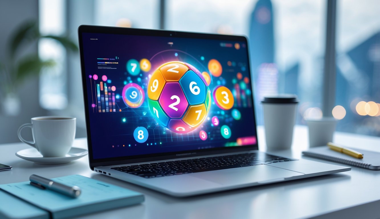 Seorang profesional menggunakan laptop di meja kerja dengan tampilan antarmuka digital yang berwarna-warni, dikelilingi oleh cangkir kopi, ponsel, dan buku catatan, dengan latar belakang samar pemandangan kota Macau.