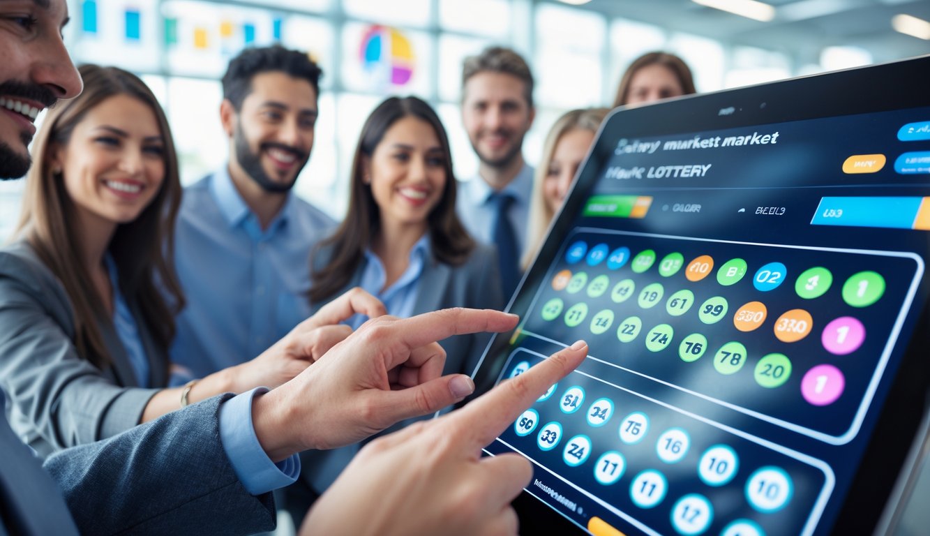 Sekelompok orang menggunakan perangkat digital untuk mengakses pasar lotere favorit dengan antusias di lingkungan kantor yang terang.