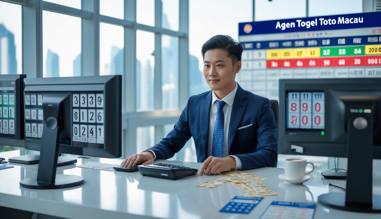 Seorang pria Asia mengenakan pakaian bisnis duduk di meja kantor modern dengan beberapa monitor komputer menampilkan angka togel, dengan pemandangan kota Macau di latar belakang.