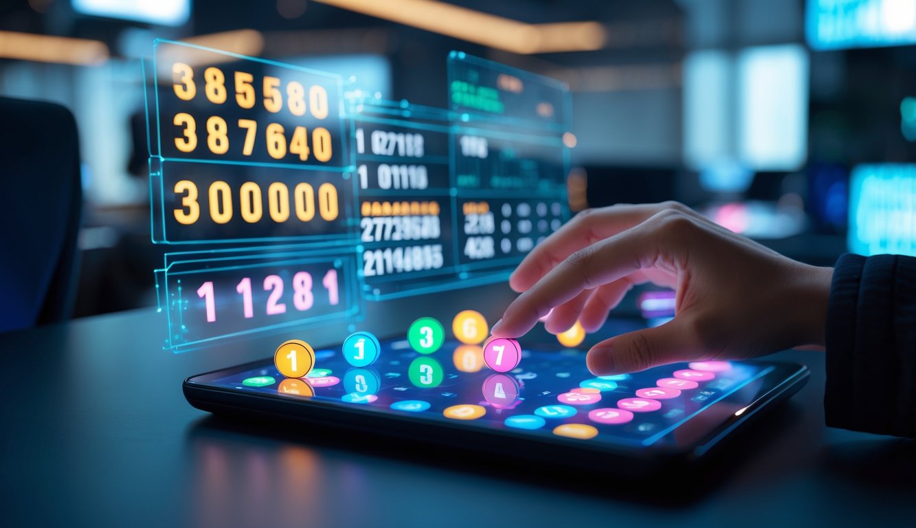Tangan seseorang yang sedang menggunakan perangkat layar sentuh dengan tampilan angka dan grafik warna-warni dalam suasana ruang modern.