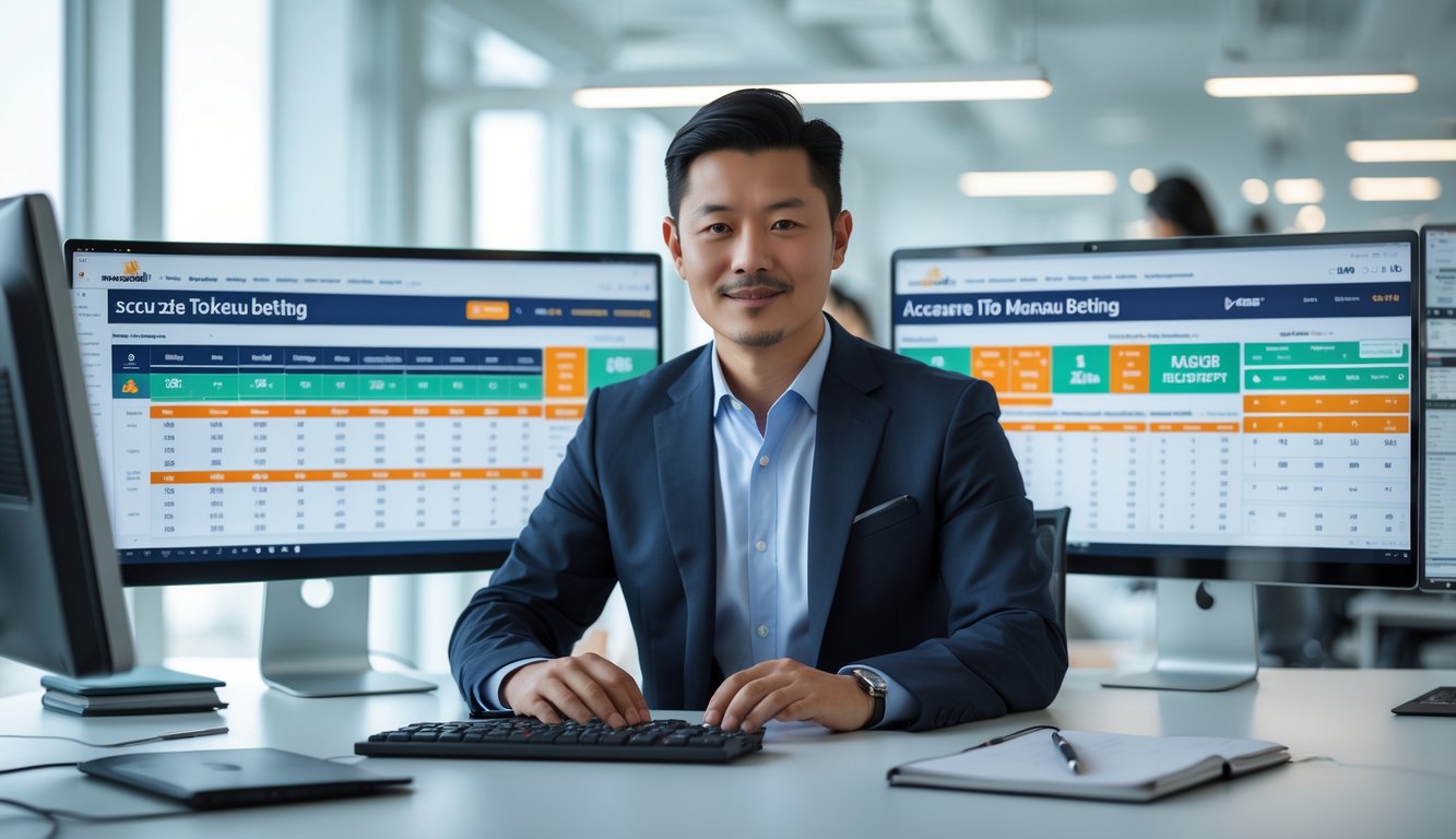 Seorang pria Asia duduk di meja kantor dengan beberapa monitor komputer yang menampilkan data taruhan Toto Macau.