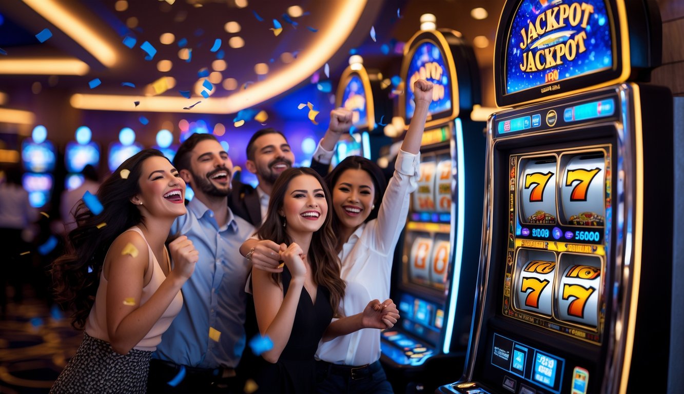 Orang-orang merayakan kemenangan jackpot di dalam kasino dengan mesin slot yang menyala dan dekorasi mewah.