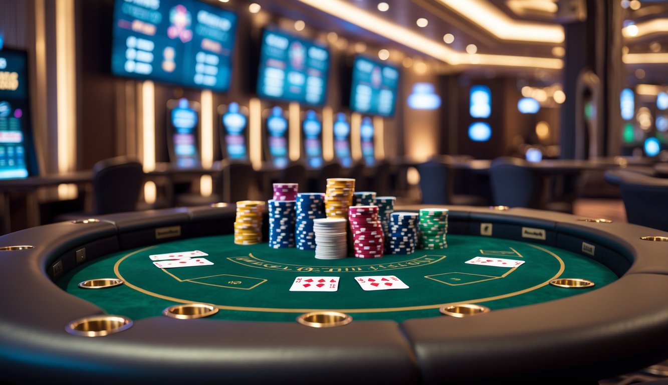 Meja permainan blackjack yang rapi dengan kartu dan chip poker di kasino yang elegan.