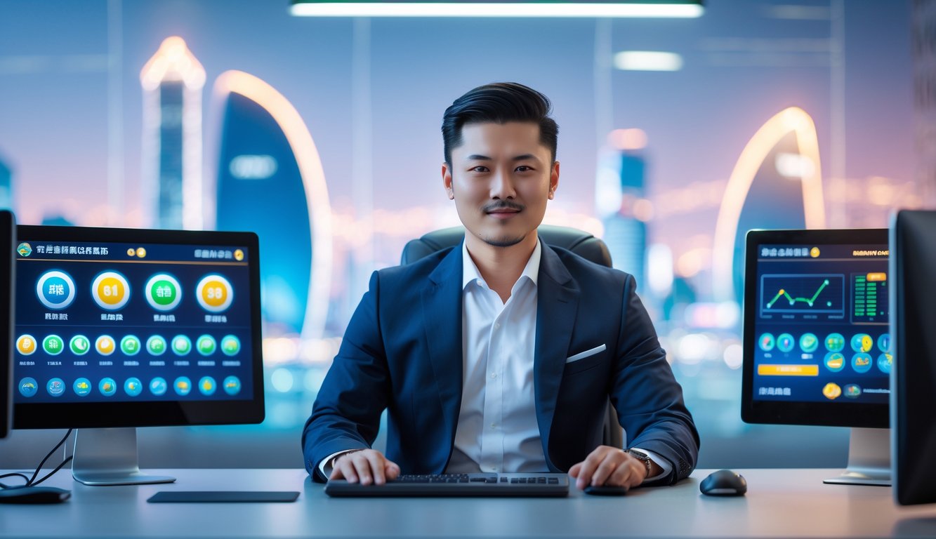 Seorang pria Asia duduk di meja kantor modern dengan beberapa layar komputer yang menampilkan antarmuka lotere digital, dengan latar belakang pemandangan kota Macau yang samar.
