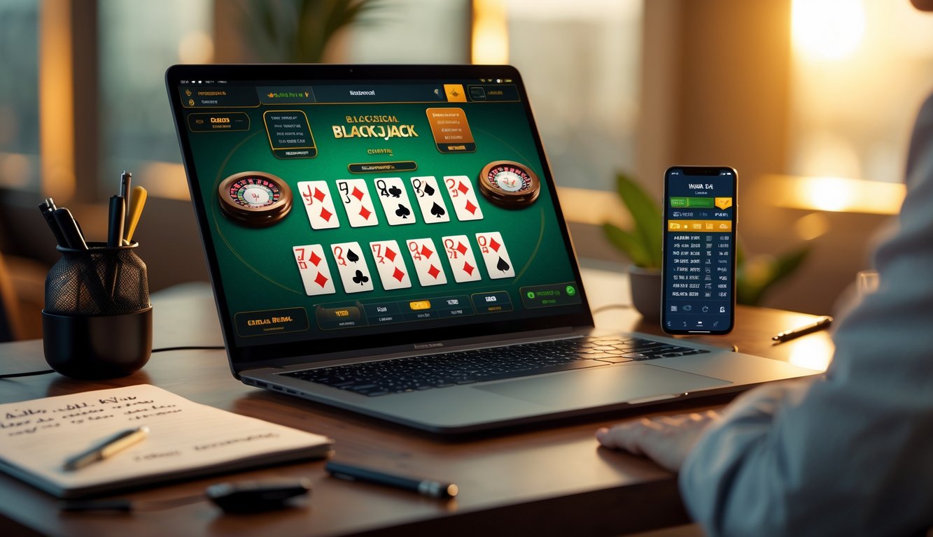 Seseorang menggunakan komputer dengan permainan blackjack online di layar, dikelilingi oleh catatan dan ponsel yang menunjukkan statistik taruhan.