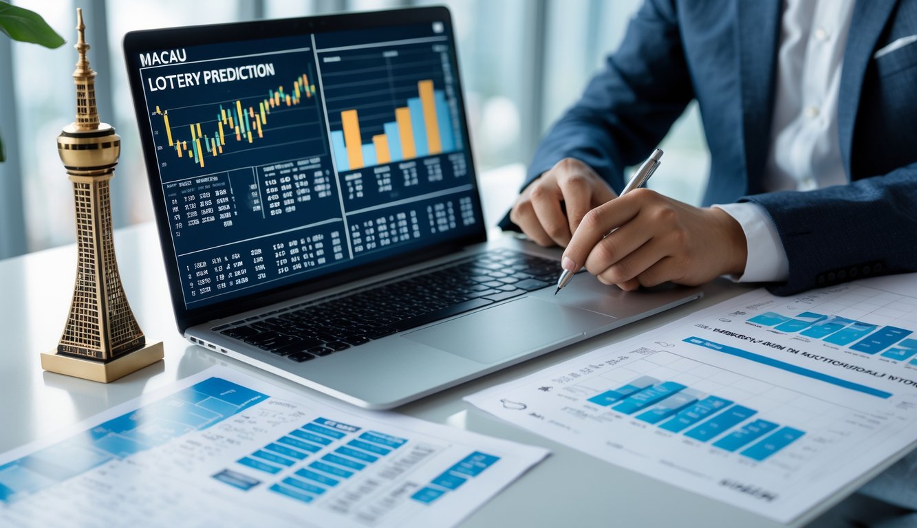 Meja kerja modern dengan laptop dan kertas berisi grafik dan angka yang sedang dianalisis oleh seseorang.