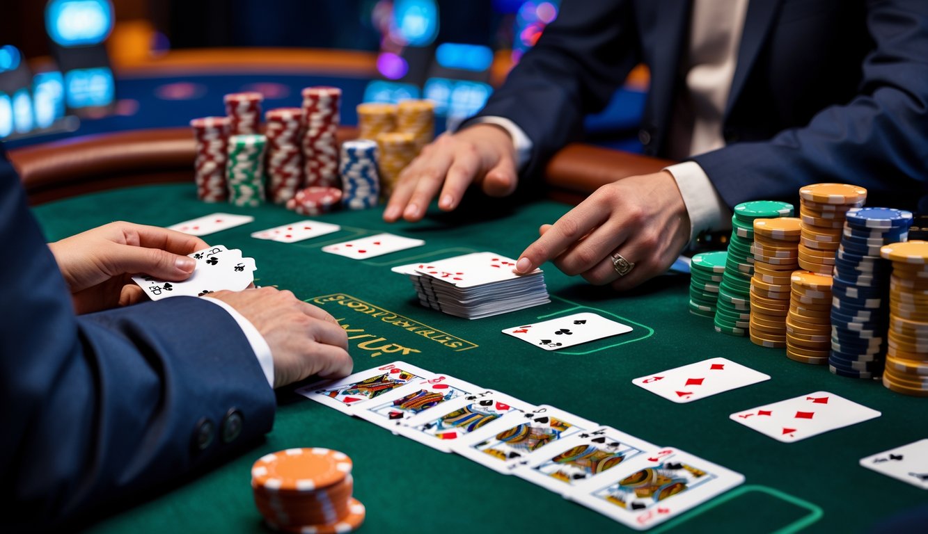 Meja blackjack lengkap dengan kartu dan chip, serta tangan dealer sedang membagikan kartu di lingkungan permainan online.