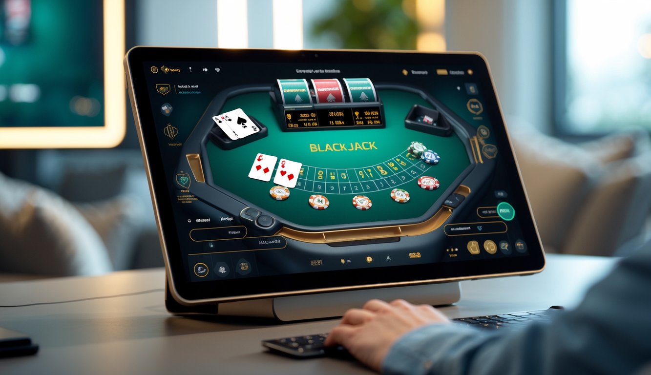 Sebuah layar komputer menampilkan permainan blackjack online dengan kartu dan chip digital dalam ruangan modern yang terang.