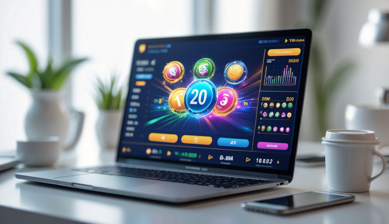 Seorang profesional menggunakan laptop di meja kerja yang rapi dengan tampilan antarmuka permainan online berwarna-warni di layar.