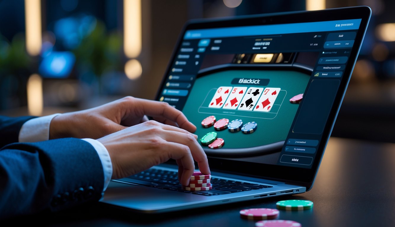 Seorang pemain fokus bermain blackjack online dengan komputer dan chip di meja digital.