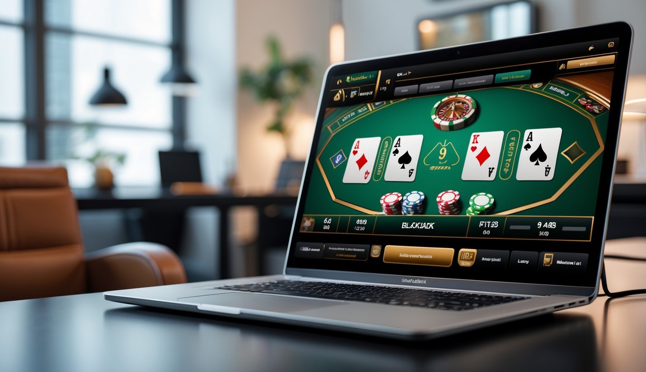 Sebuah meja kerja modern dengan komputer yang menampilkan permainan blackjack online dengan kartu dan chip di layar.