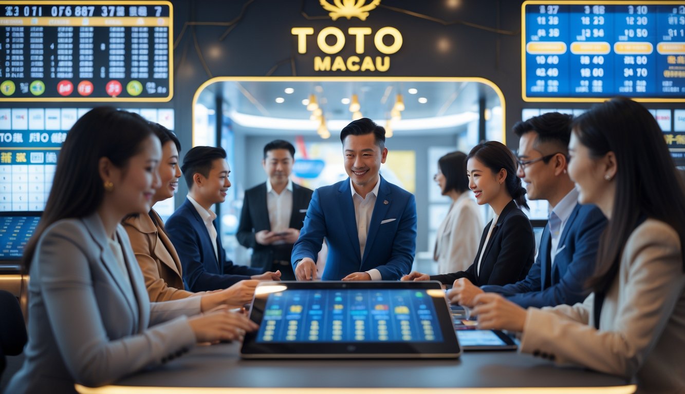 Suasana agen judi dengan agen profesional melayani pelanggan di dalam ruangan modern dengan layar digital menampilkan angka togel dan suasana yang ramai.