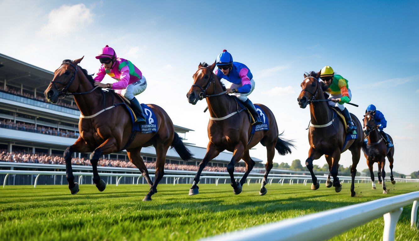 Beberapa kuda pacu sedang berlari kencang di lintasan balap dengan joki mengenakan pakaian warna-warni, di depan tribun penuh penonton.