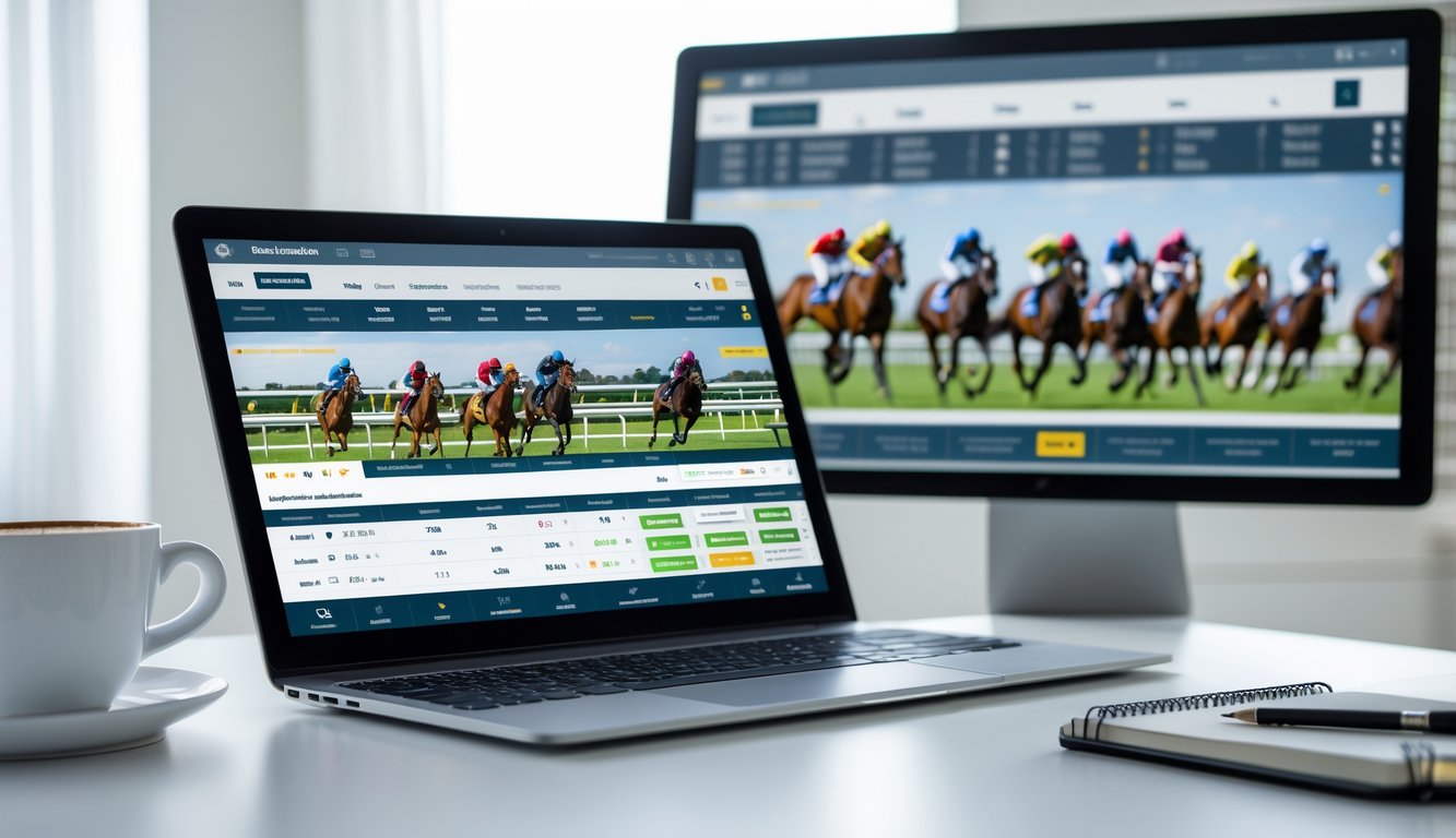 Seseorang menggunakan laptop untuk memasang taruhan handicap balap kuda online dengan layar menampilkan informasi balapan kuda dan latar belakang menampilkan balapan kuda yang sedang berlangsung.