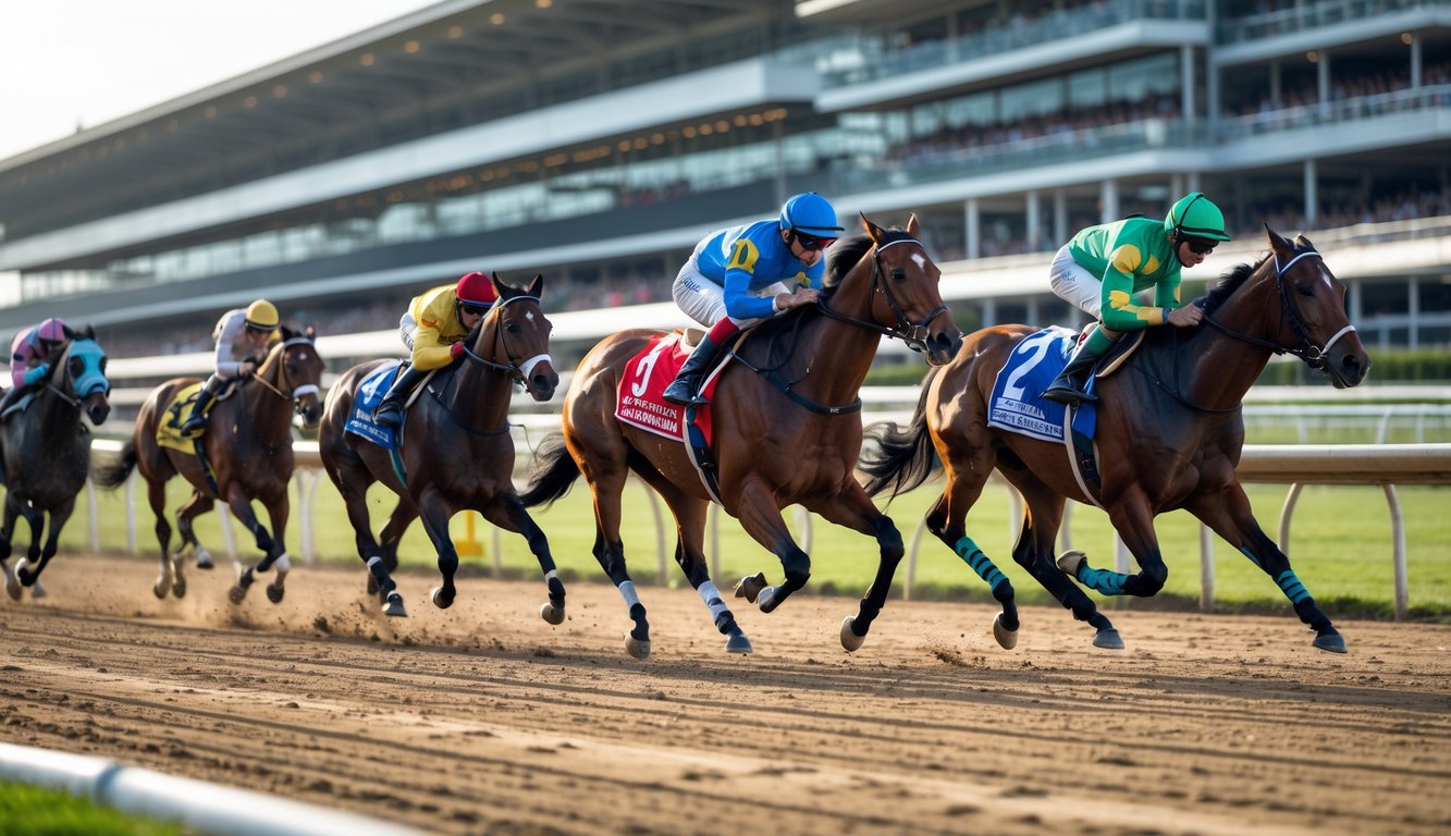 Beberapa kuda pacu dengan joki sedang berlomba di lintasan balap kuda dengan tribun penonton penuh di latar belakang.
