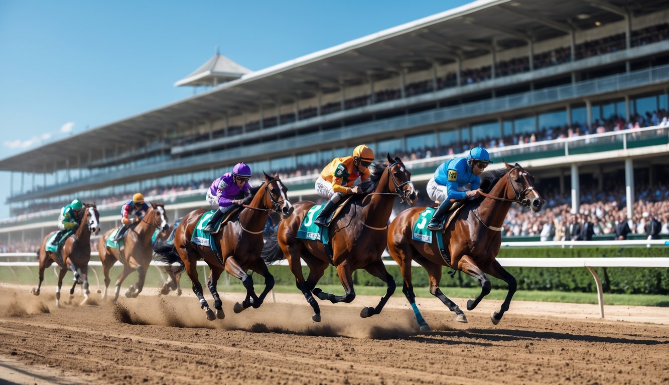 Beberapa kuda pacuan dengan joki berwarna-warni sedang berlari cepat di lintasan balap dengan tribun penonton di latar belakang.