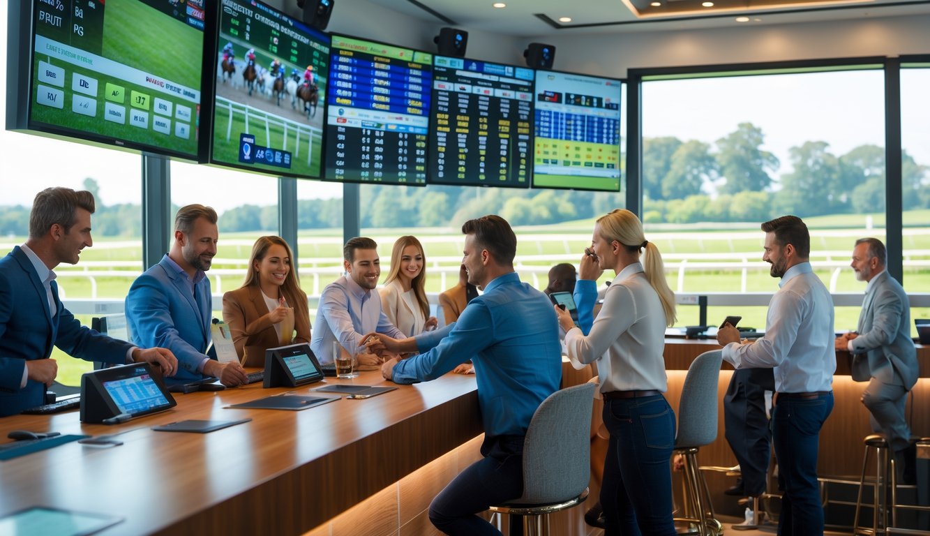 Suasana di agen taruhan balap kuda dengan beberapa orang sedang memasang taruhan dan layar digital menampilkan informasi balapan kuda.