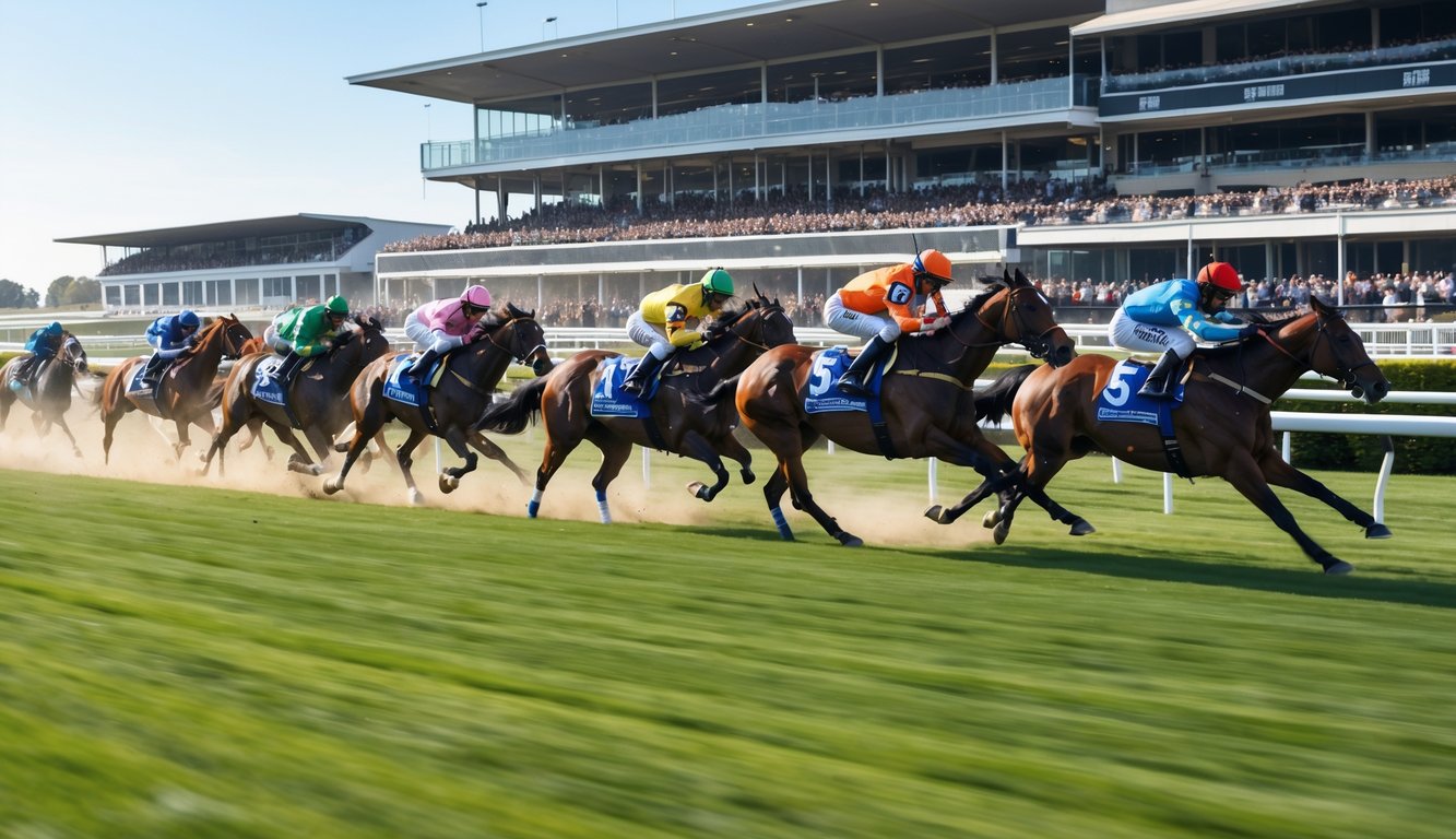 Lomba balap kuda resmi dengan beberapa joki menunggangi kuda yang sedang berlari cepat di lintasan balap, di depan penonton.