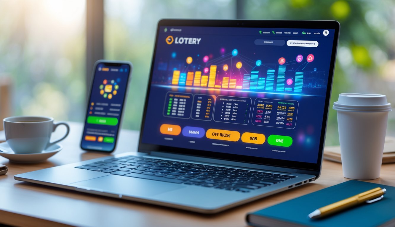 Meja kerja dengan laptop dan ponsel yang menampilkan antarmuka permainan dan lotere online, dengan cangkir kopi dan buku catatan di sekitarnya.
