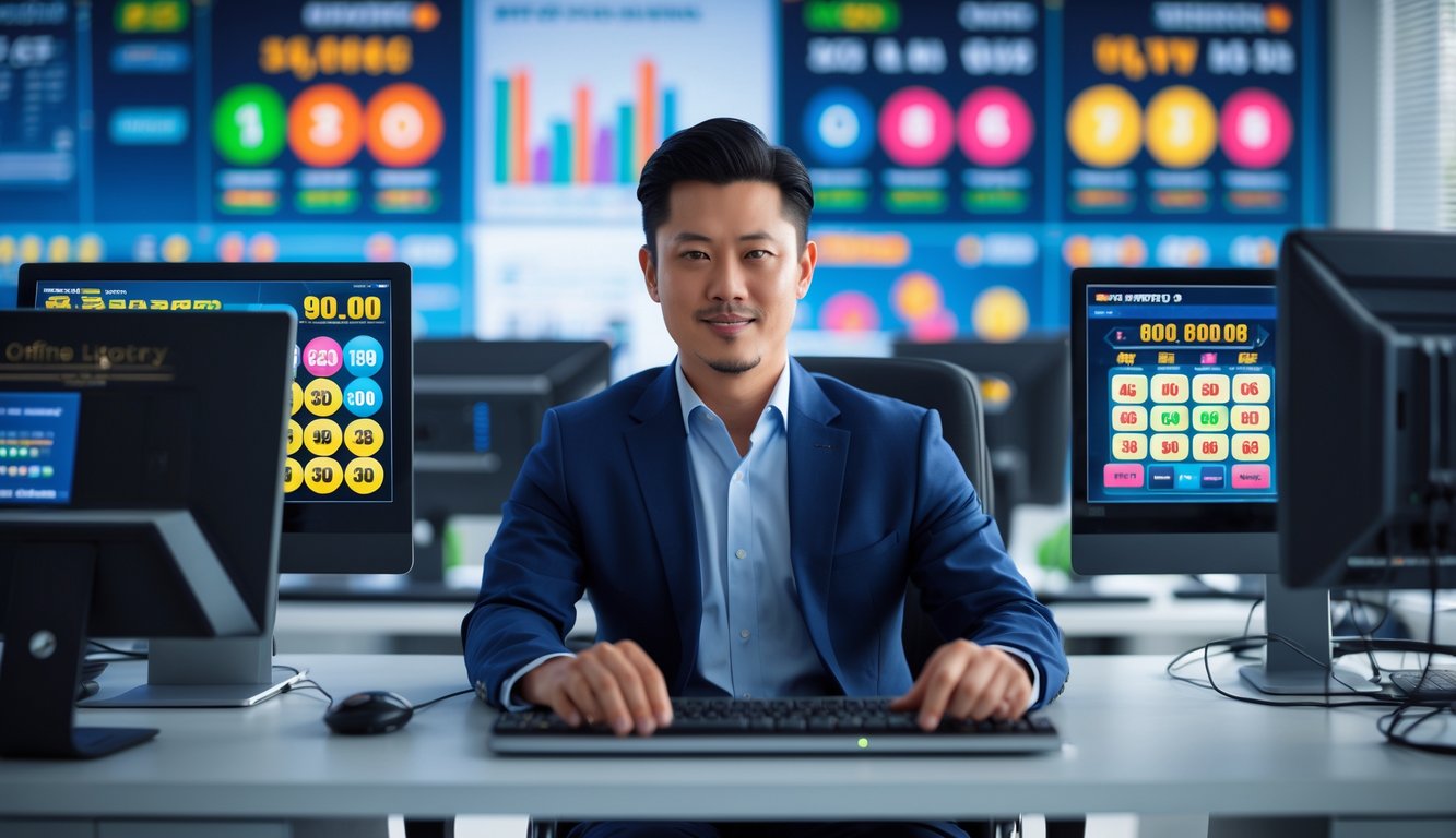 Seorang pria Asia duduk di meja dengan beberapa monitor komputer yang menampilkan angka lotre dan antarmuka permainan daring.