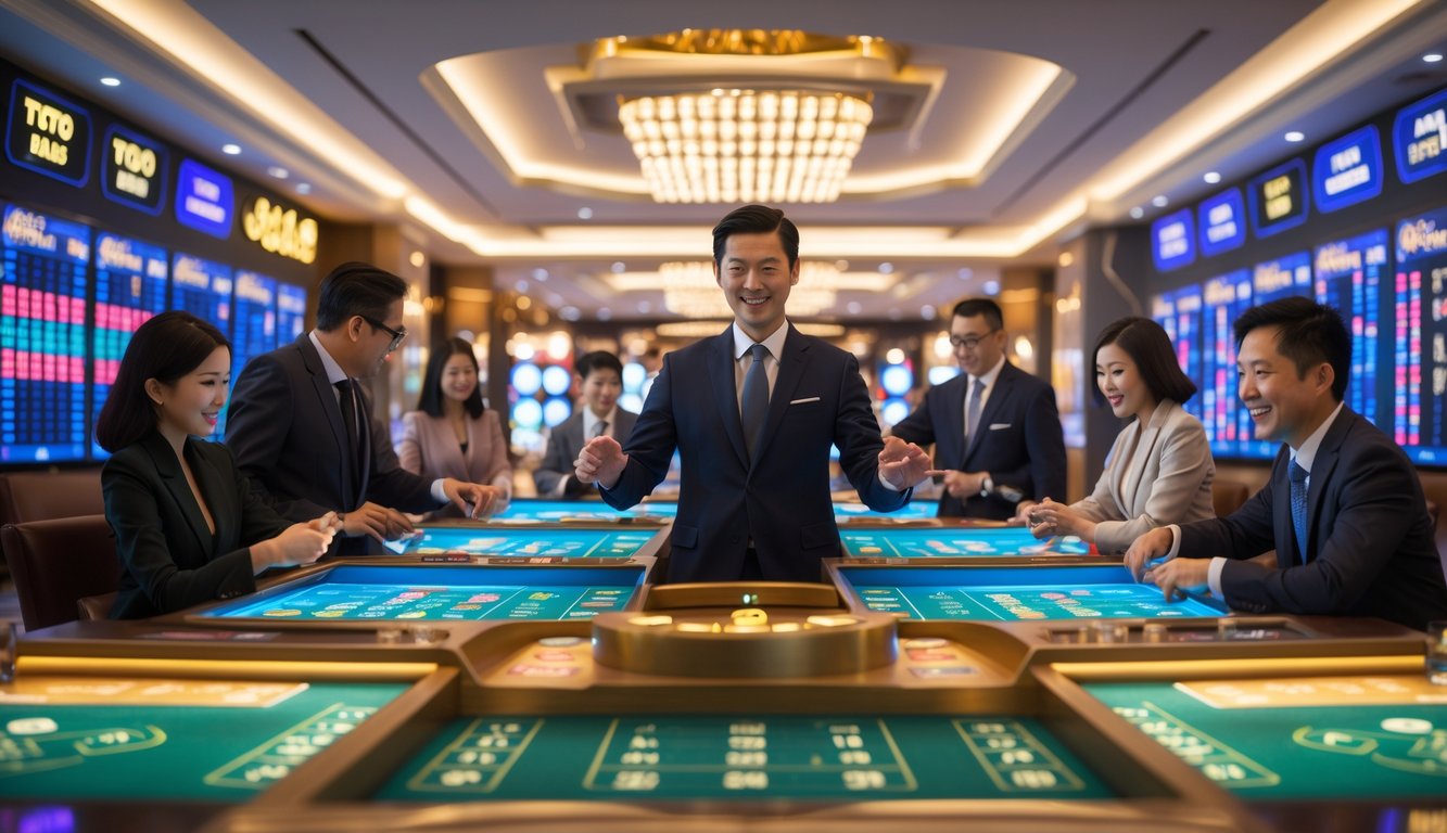 Orang-orang bermain permainan judi di dalam kasino modern dengan suasana cerah dan mewah.