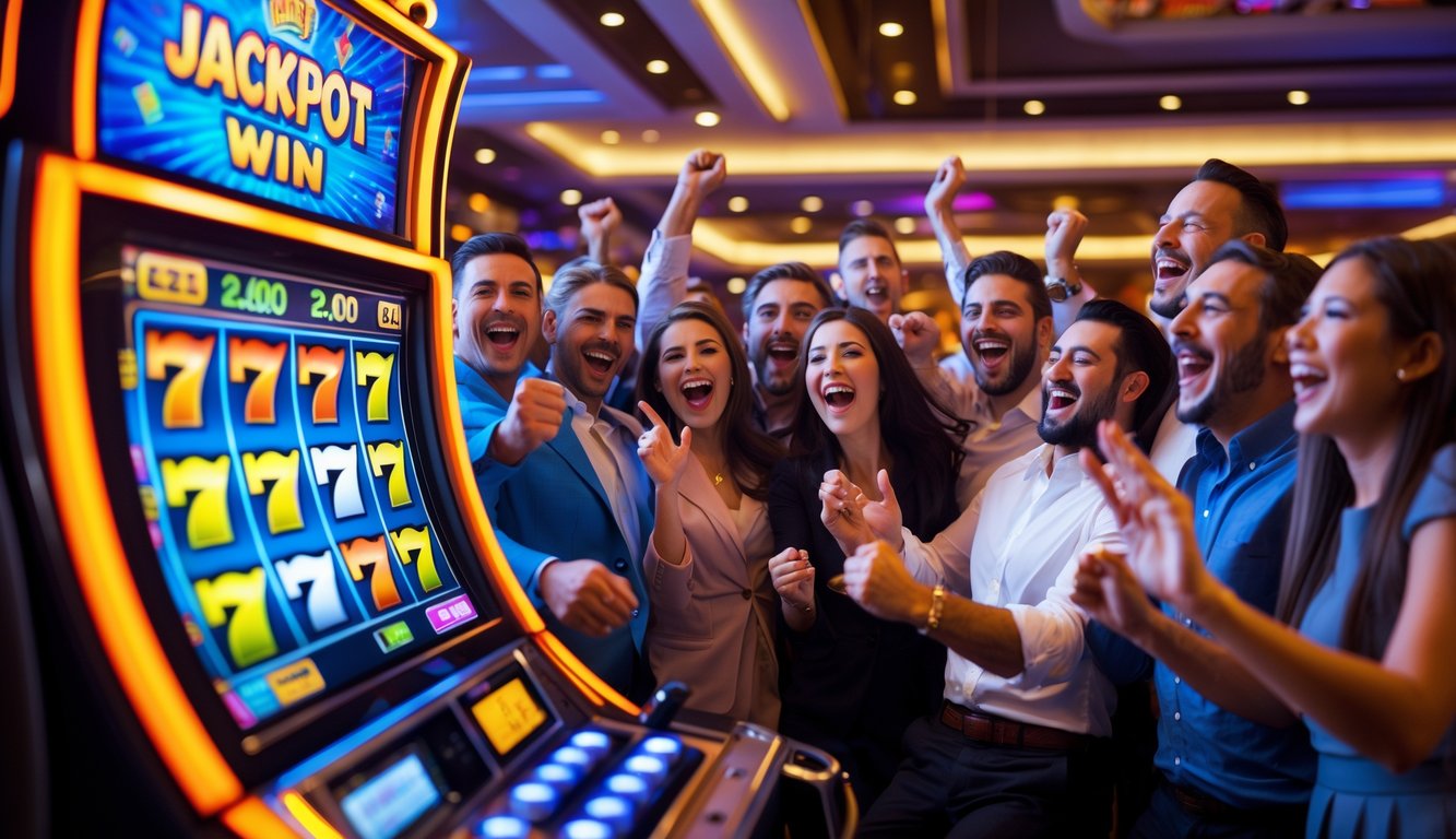Orang-orang merayakan kemenangan jackpot di kasino dengan mesin slot yang menyala dan penuh warna.