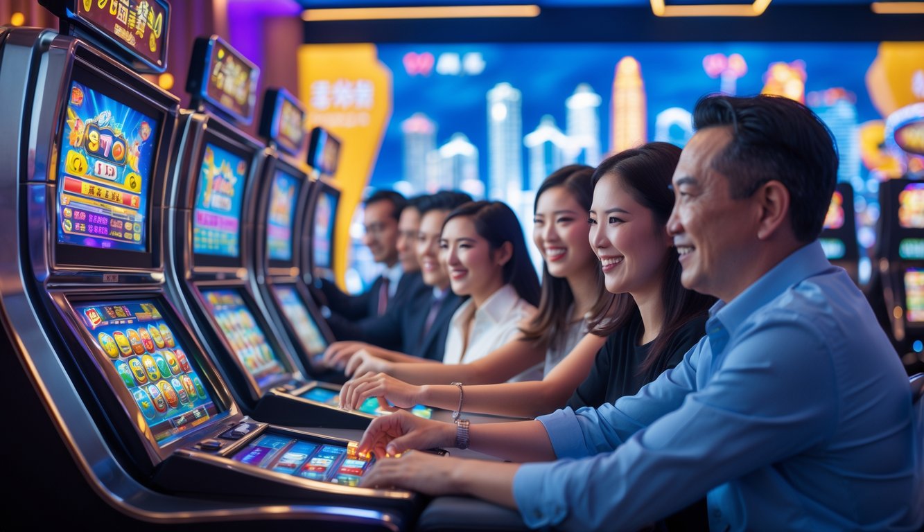 Sekelompok orang bermain dan menikmati mesin permainan di sebuah ruangan modern dengan latar belakang pemandangan kota Macau yang terang benderang.