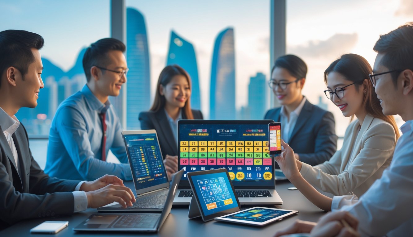 Orang-orang menggunakan perangkat digital di kantor modern dengan latar belakang pemandangan kota Macau.