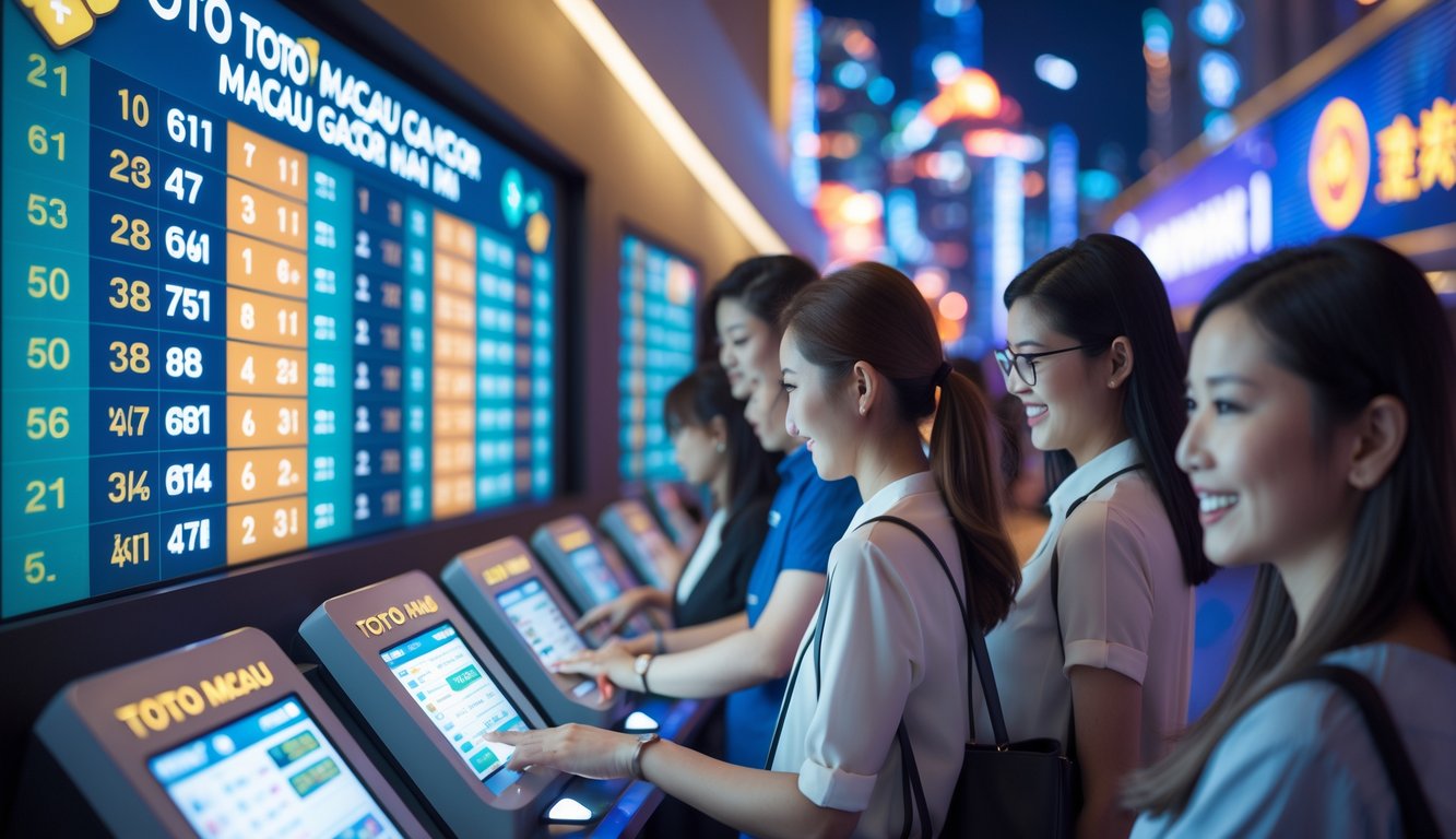 Orang-orang sedang menggunakan kios touchscreen di lingkungan taruhan dengan latar belakang kota Macau yang samar.