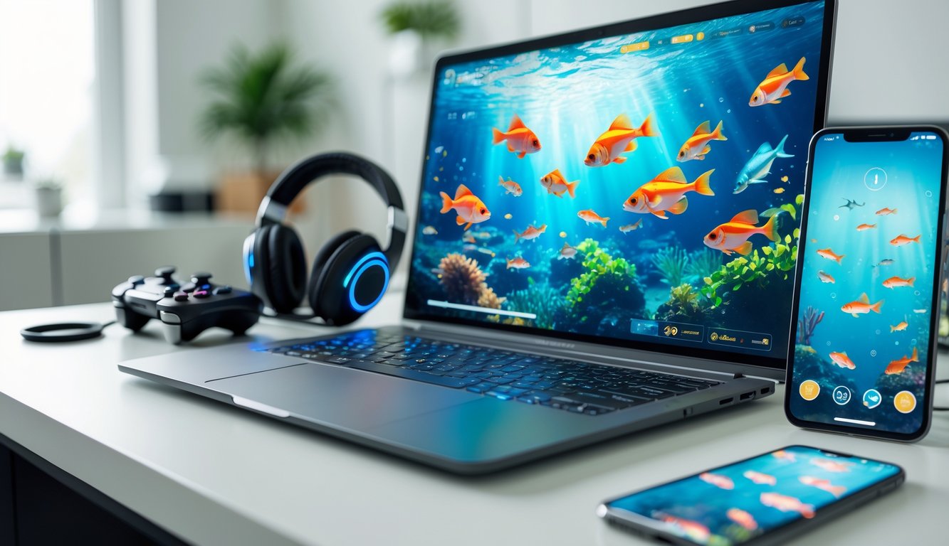 Sebuah laptop di meja menampilkan grafik ikan berwarna-warni di layar dengan perangkat game di sekitarnya dalam ruangan yang terang.