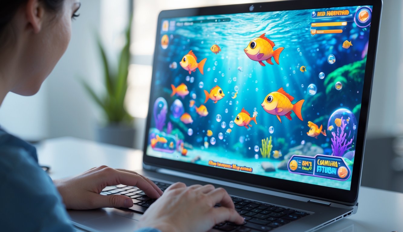 Seseorang bermain permainan tembak ikan online di komputer dengan layar penuh warna dan latar belakang ruang kerja yang rapi.