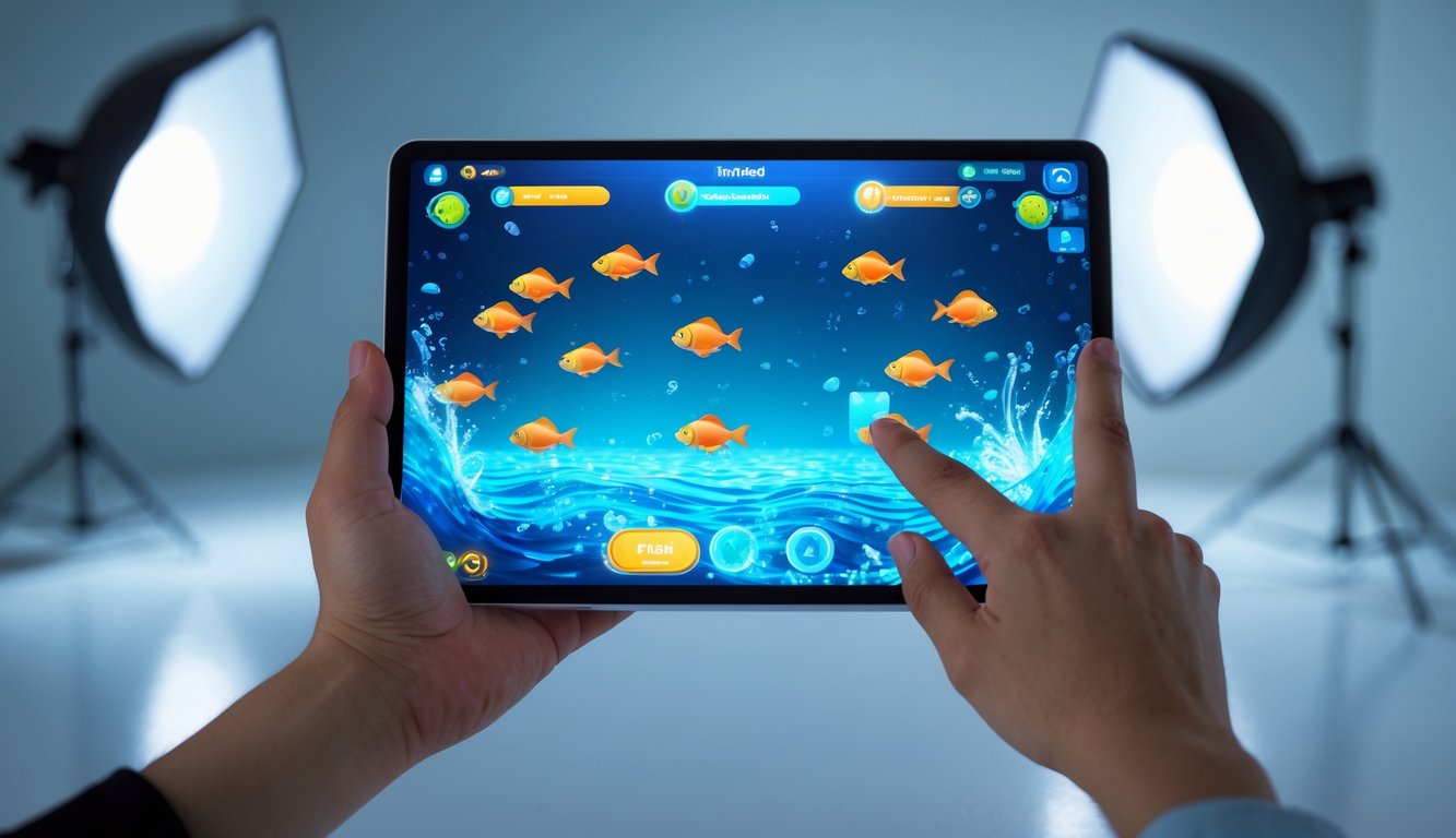 Seseorang memegang perangkat digital yang menampilkan permainan tembak ikan dengan ikan-ikan berwarna-warni di layar.